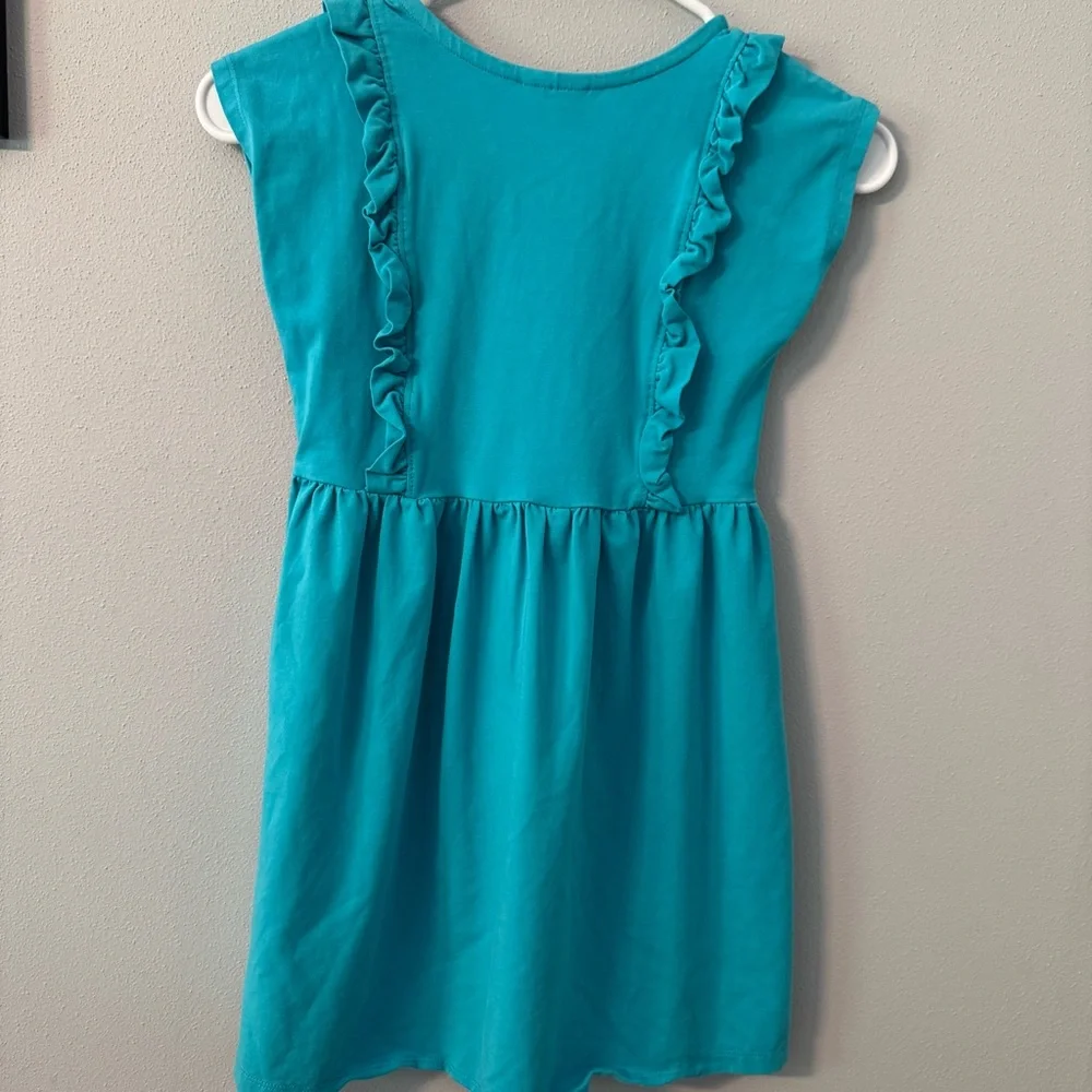 Hanna Andersson Girl Teal Blue Ruffle Trim Cap Sleeve Knit Dress Size 120 US 6-7